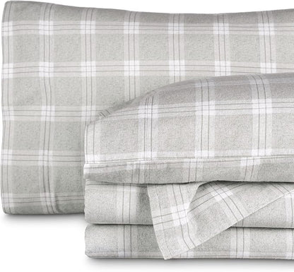 Bare Home Cotton Flannel Sheet Set Prints, 100% Cotton, Velvety Soft Heavyweight - Double Brushed for Softness & Comfort - Deep Pocket - Bed Sheet (Cal King, Checkered Plaid - Light Grey)