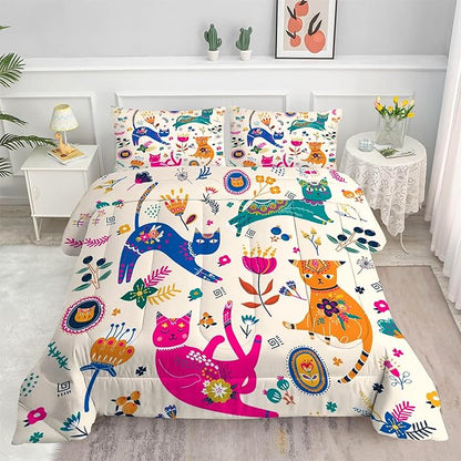 Cat Comforter Set King: Cute Floral Cats King Bedding Sets for Teen Girls Women Kids Cartoon Flowers Kawaii Animals Print Quilt Duvet Bed Set with 1 Comforter & 2 Pillowcases