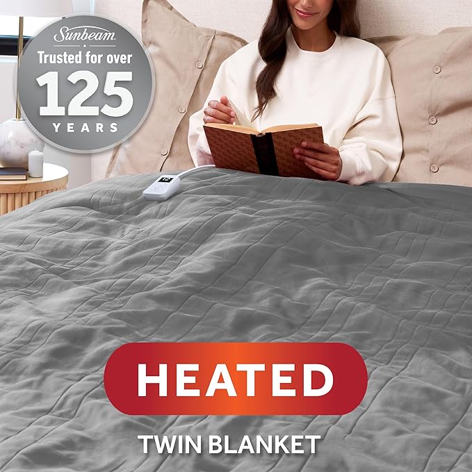 Sunbeam Electric Royal Luxe Microplush Heated Blanket, 12 Heat Settings, 12-Hour Auto Shut-Off, Fast Heating, Warm & Cozy, Machine Washable, Dove Gray Color, Twin (84" x 62")