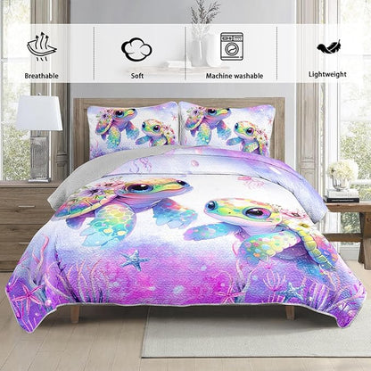Coastal Themed Quilted Quilt King Size,Sea Turtles Bedding Sets for Kids Girls Room Decor,Seagrass Starfish Pattern Lightweight Quilt with 2 Pillowcases.