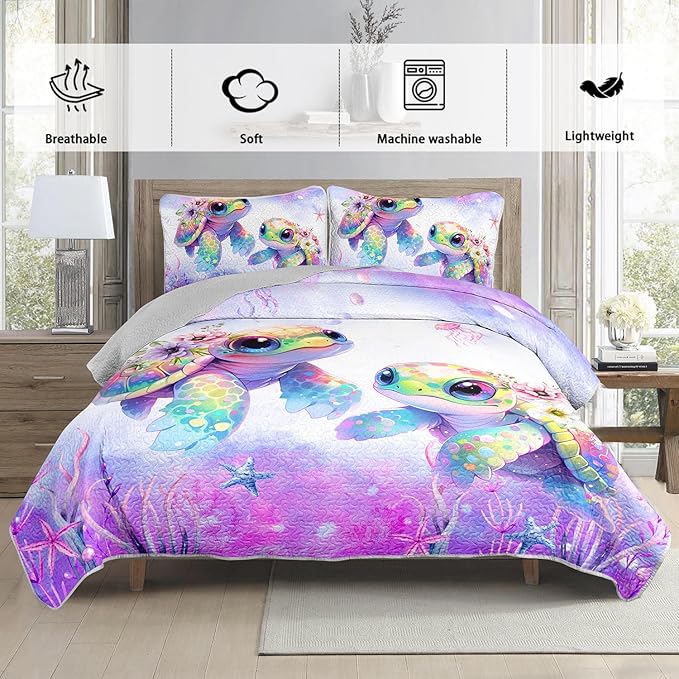 Coastal Themed Quilted Quilt Queen Size,Sea Turtles Bedding Sets for Kids Girls Room Decor,Seagrass Starfish Pattern Lightweight Quilt with 2 Pillowcases.