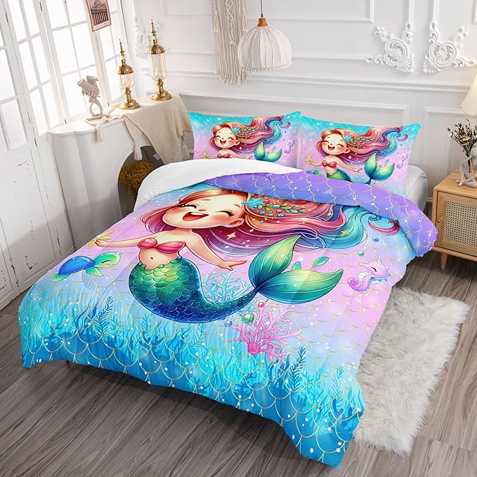 Mermaid Comforter Set for Girls Women, Mermaid Bedroom Decor for Girls Full Size, Fish Scales Bedding Set with 1 Comforter and 2 Pillowcases