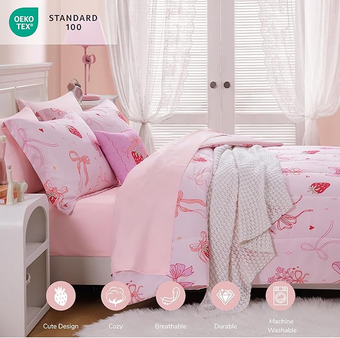 Full Size Comforter Set for Girls - 4 Pieces Pink Bow Full Bedding Sets for Kids,1 Comforter, 2 Shams and 1 Decor Pillow