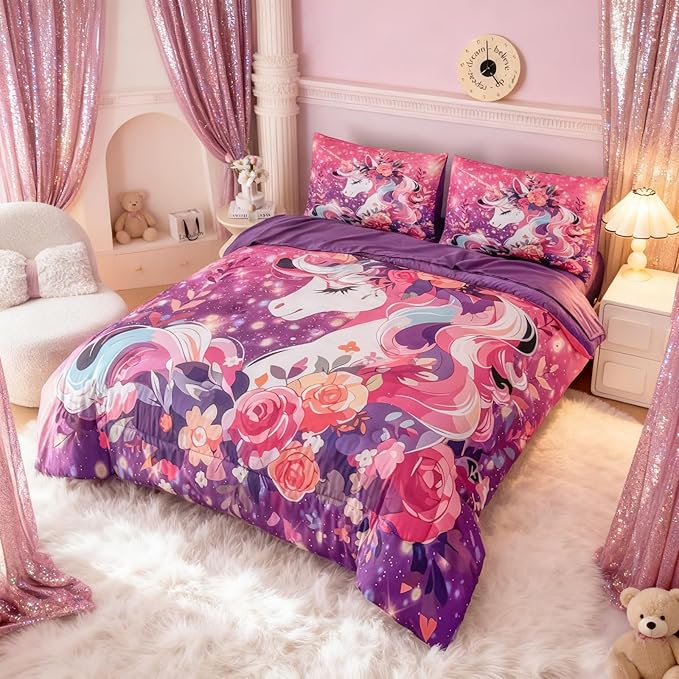 Peopleareok Unicorn Comforter Set Twin for Girls, 5 Piece Bed in A Bag Cute Pink Purple Unicorn Print Bedding Set Twin, Kids Cartoon Kawaii Comforter with Sheet Set