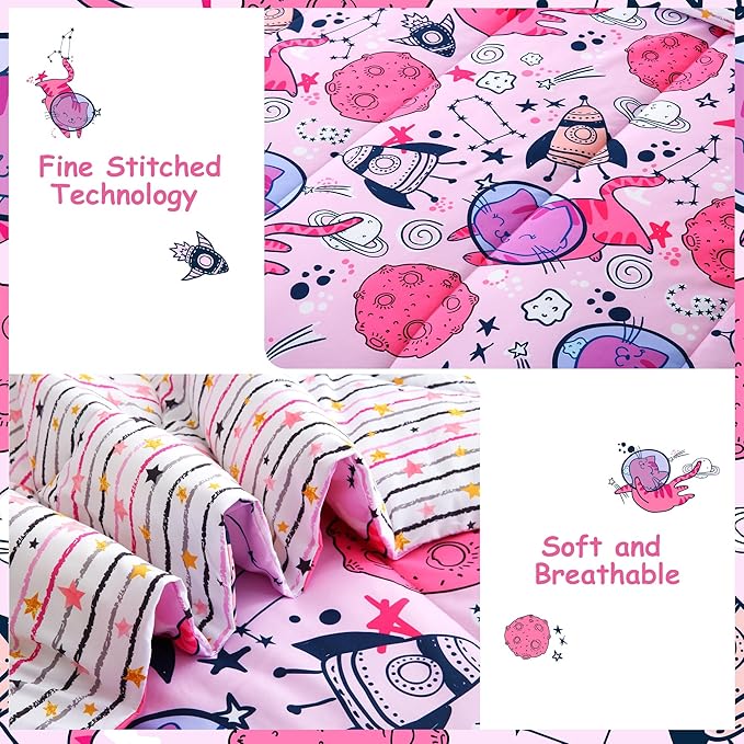 Mooreeke Kids Full Comforter Sets for Girls 8 Pieces Cute Space Cat Bedding Set for Teens Microfiber Pink Kids Bed in A Bag with Comforter, Sheet Set, Shams and Decorative Toy Pillow All Season
