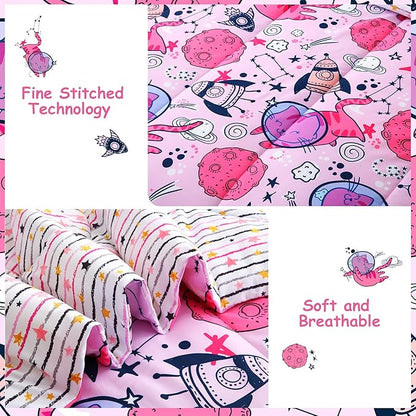 Mooreeke Kids Full Comforter Sets for Girls 8 Pieces Cute Space Cat Bedding Set for Teens Microfiber Pink Kids Bed in A Bag with Comforter, Sheet Set, Shams and Decorative Toy Pillow All Season