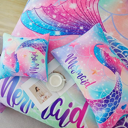 RYNGHIPY Mermaid Queen Kids Bedding Set, Rainbow Comforter Set with Sheets, 6 Pieces Teen Girls Bed in a Bag