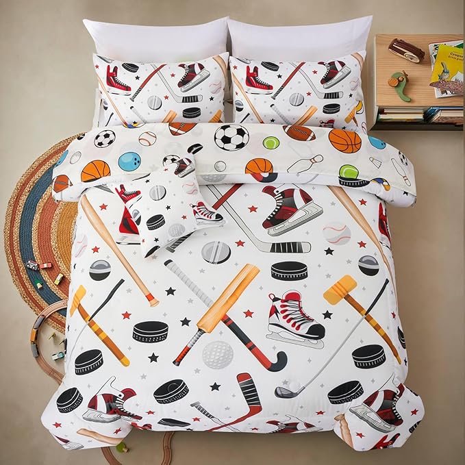 A Nice Night 6Pcs Full Sports Bedding Set for Boys, Full Comforter with Ice Skates, Baseball Bat & Hockey Design(White)