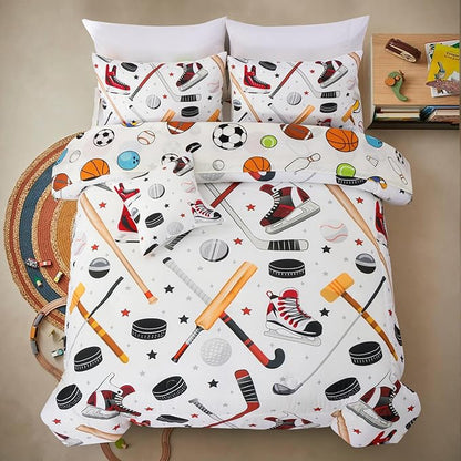 A Nice Night 6Pcs Twin Boys Bedding Set, Sports Themed Comforter with Ice Skates & Baseball Bat Design, Athletic Decor for Boys Bedroom(White)