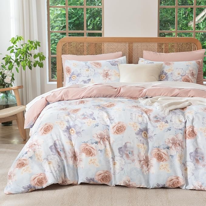 Jane yre Duvet Cover Queen Floral Soft Brushed Microfiber Crinkle Gauze 3 Pieces Bedding Set, Garden Style Peony Pattern Queen Duvet Cover Floral, with Zipper Closure Luxury Breathable Comfy