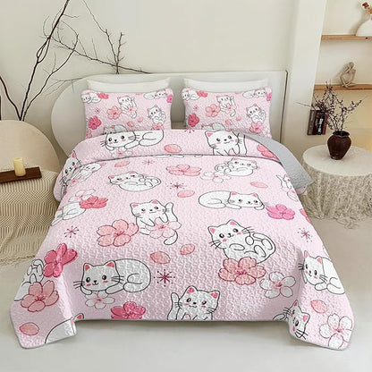 QOOMO Floral Cat Quilt Set Twin Size,Sakura Cats Bedspread Coverlet Set,Cute Cats 3Pcs Bedding Set Printed Quilt with 2 Pillowcases,Soft and Lightweight,for All Seasons