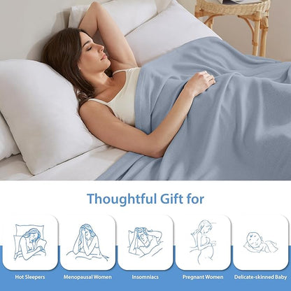 Queen Size Blanket, 70% Rayon (Derived from Bamboo) and 30% Cotton, Lightweight Jacquard Weave, Breathable and Soft Summer Blanket for Bed or Couch, 90” x 90”, Light Blue