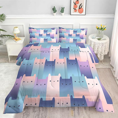 Gradient Cat Comforter Set: Twin Size Kawaii Cats Bedding Set for Kids Teens Girls Boys Bedroom Decor Blue Purple Cute Kitten Quilt Bed Sets 1 Comforter & 1 Pillowcase