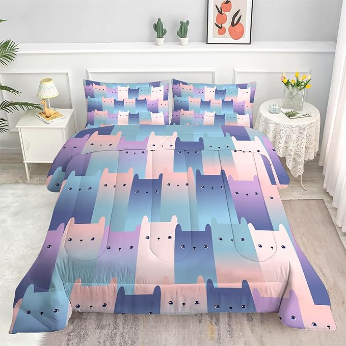 Cat Comforter Set King: Blue Purple Kawaii Cats Bedding Set for Women Men Adults King Size Gradient Cat Quilts Cute Pink Kitten Bed Sets 1 Comforter & 2 Pillowcases