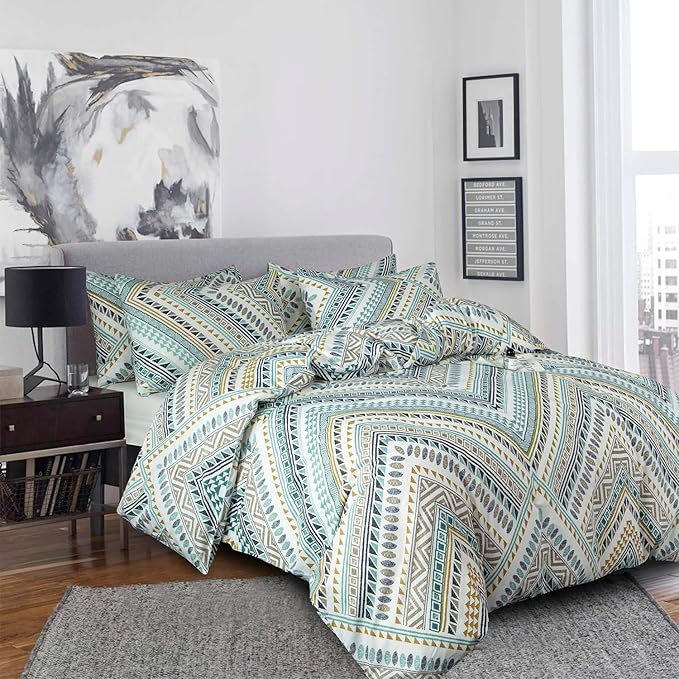 Boho Duvet Cover Queen, 100% Cotton 3 pcs Triangle Tribal Bedding Set, Aztec Modern Rustic Southwestern Louvre Patterned Tribal Print Duvet Cover, with Zipper Closure, Breathable (No Comforter)