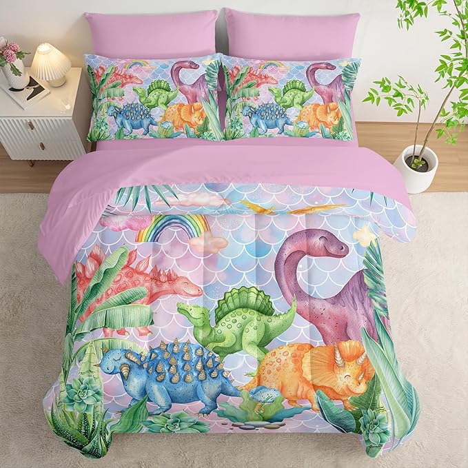 Pastel Dinosaur Comforter Set (7 Piece) - Mermaid Scale Kids Bedding, Pink Blue Purple Dinosaur Quilt Set for Boys Girls, All Season Microfiber Bed Set with Shams, Flat/Fitted Sheet (Queen)