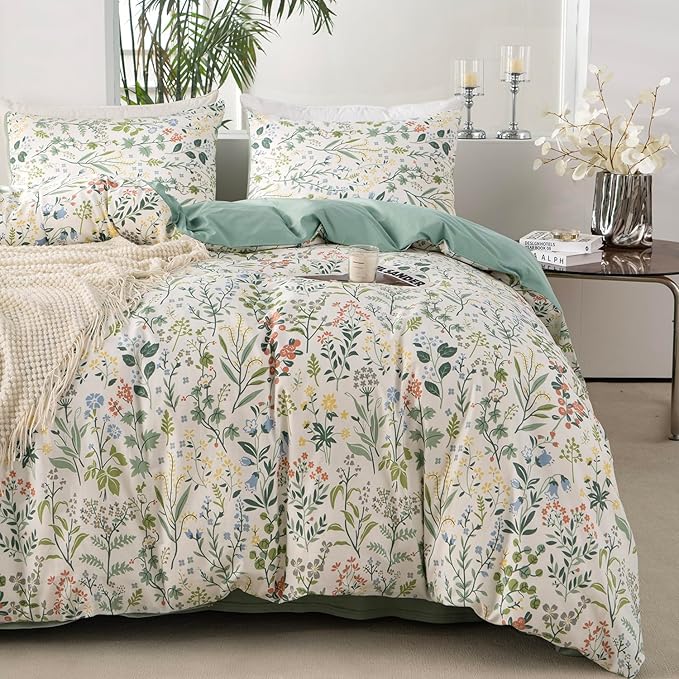 King Size Duvet Cover 100% Brushed Microfiber 3 Pieces Fresh Garden Green Wildflower Botanical Floral Pattern Printed Duvet Cover King with Zipper Closure