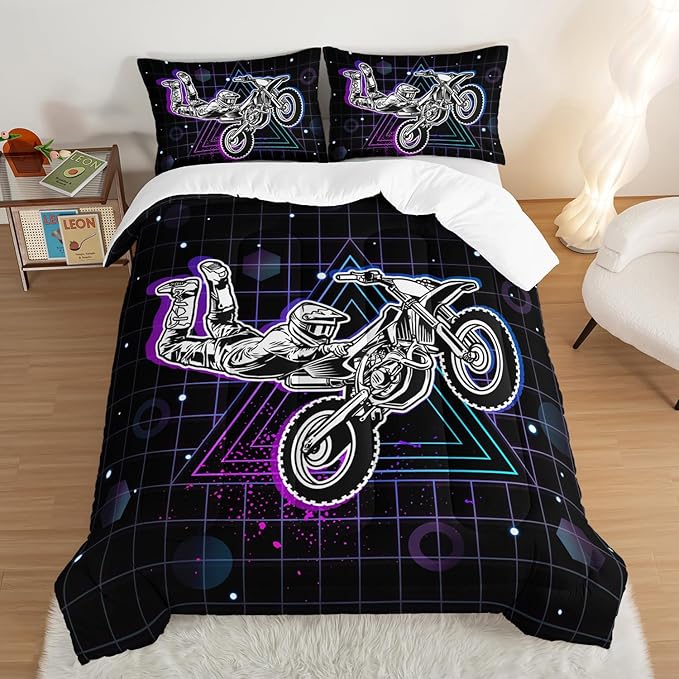 HOSIMA Motorcycle Racer Comforter Extreme Sports Theme Bedding Set for Kids Teens Men, Queen Size, Purple Line Grid Black Comforter with 2 Pillowcases