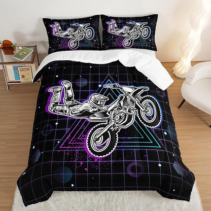 HOSIMA Motorcycle Racer Comforter Extreme Sports Theme Bedding Set for Kids Teens Men, King Size, Purple Line Grid Black Comforter with 2 Pillowcases.