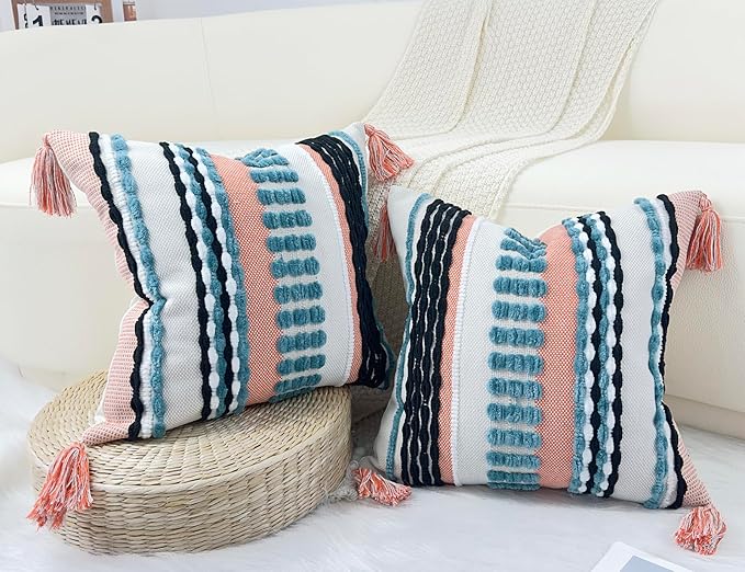 Boho Throw Pillow Covers 16x16 Aesthetic Neutral Boucle Couch Pillow Cover Rainbow Striped Decorative Accent Pillow Case for Couch Bed Sofa Farmhouse Bedroom,Modern Funky,Set of 2 Turquoise