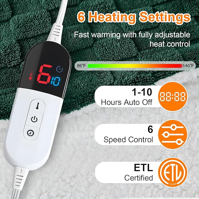 Electric Heated Blanket Queen Size Dual Control - Jacquard Checkered Sherpa 84"x90" Fast Heating Bed Blankets with 6 Heating Levels & 10 Hours Auto Off, Over-Heat Protection ETL, Dark Green