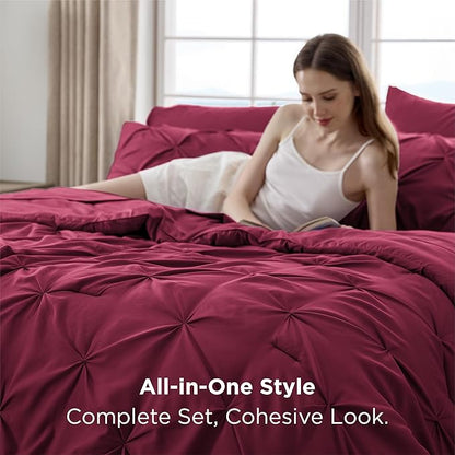 Bedsure King Size Comforter Set Dark Red - Bed in a Bag Bedding Set 7 Pieces, GentleSoft™ Pintuck Bed Set Gift for Family, Pinch Pleat Dark Red Comforter with Sheets, Pillowcases & Shams