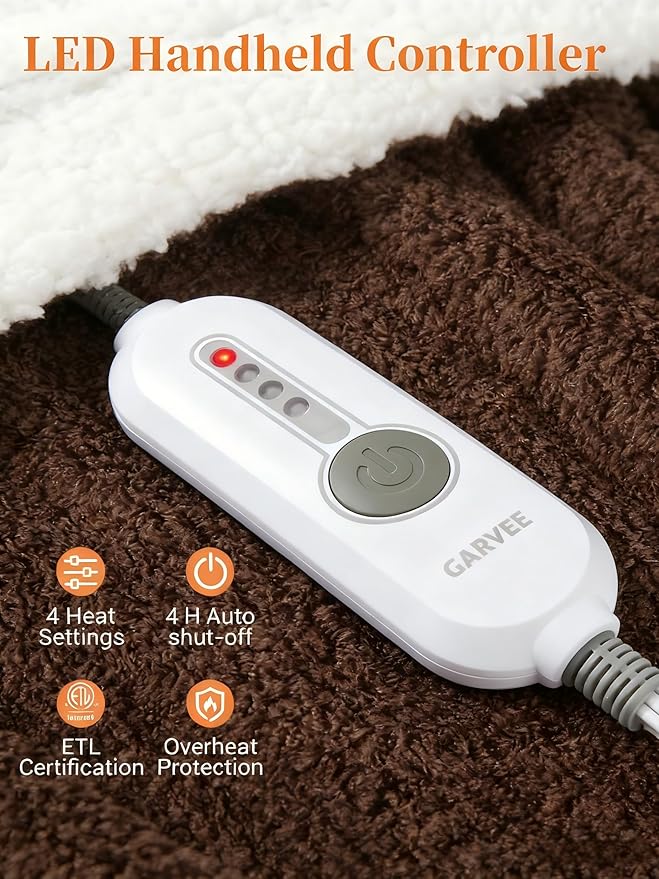 GarveeHome Electric Blanket Heated Throw, Heated Blanket Soft Double Sherpa Super Cozy with 4 Heating Levels & 4 Hours Auto Off, Overheat Protection, Machine Washable, ETL Certification, Brown 50"x60"
