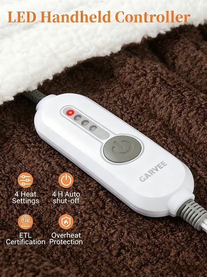 GarveeHome Electric Blanket Heated Throw, Heated Blanket Soft Double Sherpa Super Cozy with 4 Heating Levels & 4 Hours Auto Off, Overheat Protection, Machine Washable, ETL Certification, Brown 50"x60"