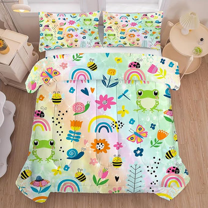 Rainbow Comforter Sets Full Size Cartoon Frogs Bedding Sets for Girls Kids Teens Boys Flowers Butterfly Bees Snails Insects Cute Kawaii Quilt 1 Comforter + 2 Pillow Cases