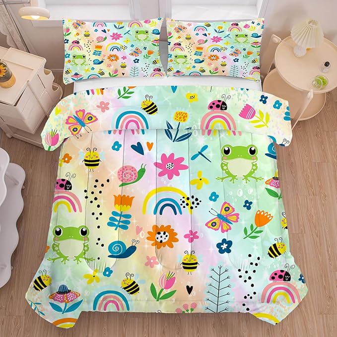 Rainbow Comforter Sets Twin Size Cartoon Floral Frogs Bedding Set for Girls Kids Children Boys Butterfly Flowers Bees Insects Cute Kawaii Quilt 1 Comforter + 1 Pillow Case