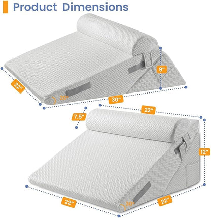 Sasttie Wedge Pillow Set for After Surgery, 2PCS Adjustable Bed Wedge Pillow Headboard with Memory Foam Neck Cushion – for Acid Reflux, Sleeping, Neck & Back Support, Light Grey