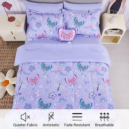 Mooreeke Kids Full Comforter Sets for Girls 8 Pieces Butterfly Purple Bedding Set for Teens Soft Microfiber Kids Bed in A Bag with Comforter, Sheet Set, Shams and Decorative Toy Pillow All Season