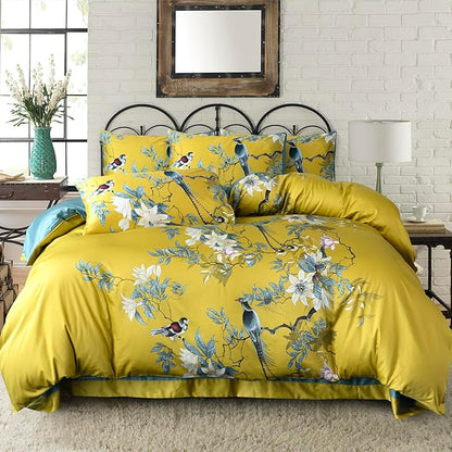 Floral Queen Duvet Cover 100% Soft Cotton 3 Piece Chic Birds Queen Flower Bedding Set Yellow Garden Tree Branches Flowers Birds Print Pattern Reversible Duvet Cover Floral with Zipper Closure