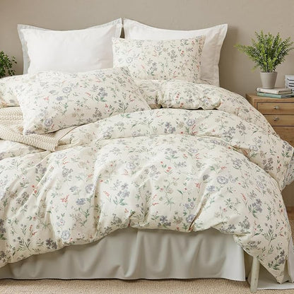 Floral Duvet Cover Set Full Size 100% Cotton Green Floral Comforter Cover 3 Pcs Lightweight Soft Aesthetic Floral Bedding Sets