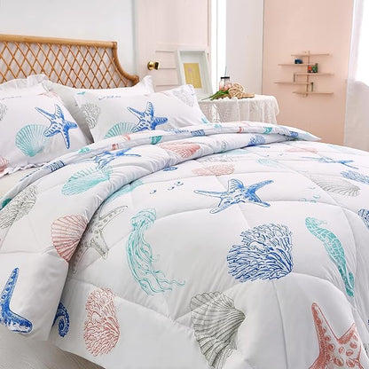 JSD Beach Theme Kids Comforter Set Queen Size, Jellyfish Starfish Summer Printed Comforter with Pillow Sham, Machine Washable