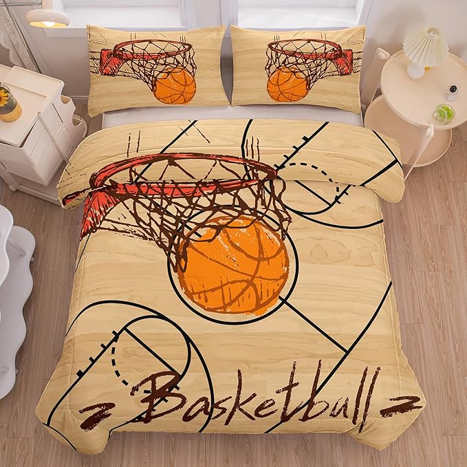 Peopleareok Basketball Comforter Set Full(79x90 Inch), 3D Printed Basketball Theme Comforter, Boys Sport Bedding, 3 Pieces Soft Microfiber Bedding Set for Boys Kids with 2 Pillowcases