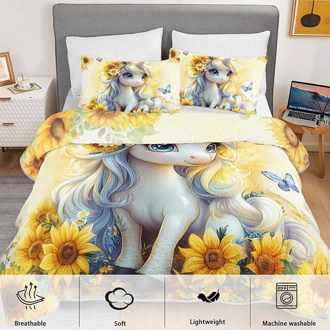 Kawaii Yellow Unicorn Flowers Quilts Bedding King 3Pcs Tie-Dye Sunflower Butterfly Bed Set Dreamy Animal Pattern Bedspread Coverlet with 2 Pillowcases for Kid Boy Girl Teen Adult Room Decor
