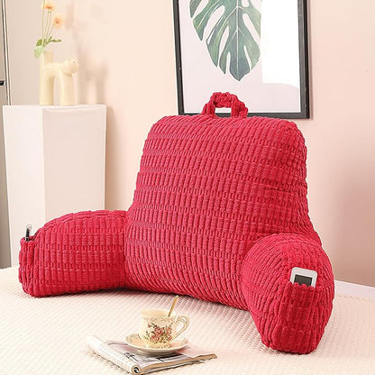 Reading Pillow for Sitting in Bed, Large Backrest Reading Pillow with Arm Rest,Back-Rest Support Cushion for Sit Up on Couch, Sofa, and Floor, Dorm Essentials (Red Corduroy, Large(19"))