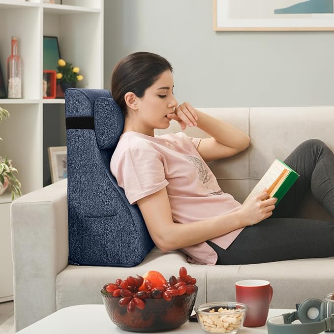 Daneey Reading Pillows for Sitting in Bed Adult Back Pillow Sitting Up, Back Support Pillow for Bed, Foam Wedge Pillow for Neck, Lumbar, Back, Blue, 20 * 9 * 22IN