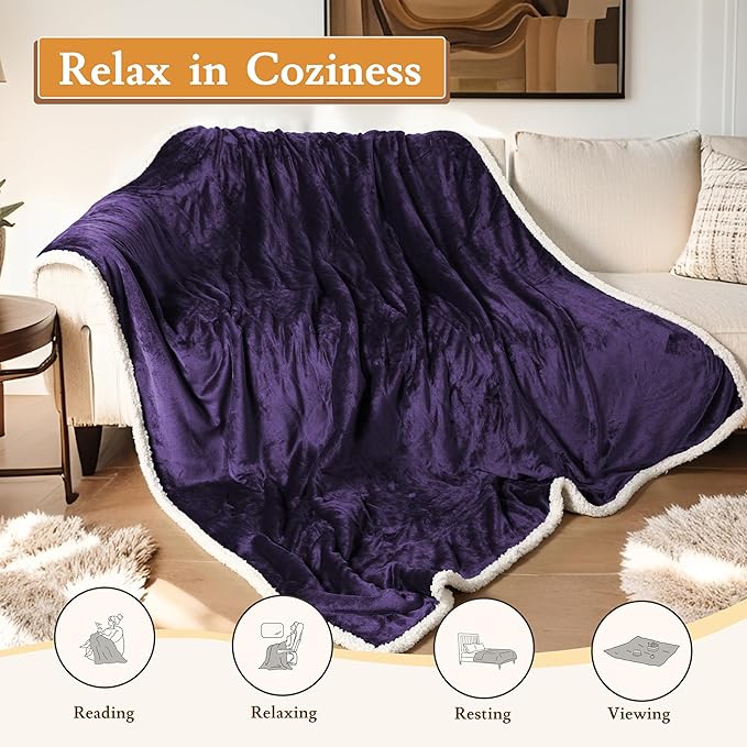 Electric Heated Blanket Flannel & Sherpa 72"x84" Full Size - 4 Heat Levels, 10H Auto Shut Off, Fast Heating, Cozy and Comfortable, Warm Gifts, Machine Washable - Purple