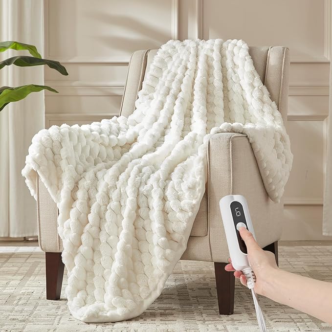 Heated Throw Blanket - Fast Heating 3D Jacquard Electric Heated Blanket, Cozy Heating Blanket with 6 Heating Settings & 4 Hours Auto-Off, 50"x60", White