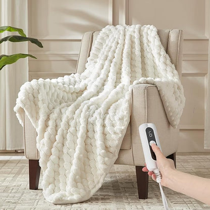 Heated Throw Blanket - Fast Heating 3D Jacquard Electric Heated Blanket, Cozy Heating Blanket with 6 Heating Settings & 4 Hours Auto-Off, 50"x60", White