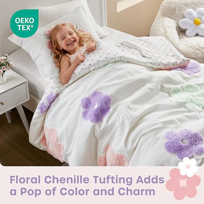 Intelligent Design Kids Twin Comforter Set for Girls, Tufted Chenille Floral, Lightweight Polka Dot Comforter Reversible Bed Set, Sham, Pillow, Gracie, Twin White/Purple 3 Piece