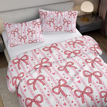 QOOMO Bow Quilt Set King Size,Bowknot Bedspread Coverlet Set,Pink 3Pcs Bedding Set Printed Quilt with 2 Pillowcases,Soft and Lightweight,for All Seasons