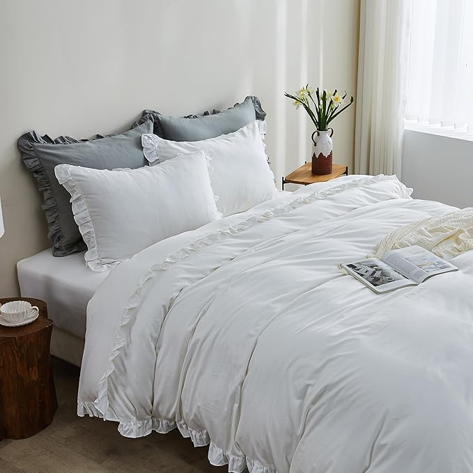 Simple&Opulence Kids 100% Organic Cotton King Duvet Cover Ruffle 3Pcs(1 Comforter Cover 2 Pillowcases) Cute Lace Vintage Boho Shabby Chic Farmhouse Bedding Set Teen Girls(White, King)