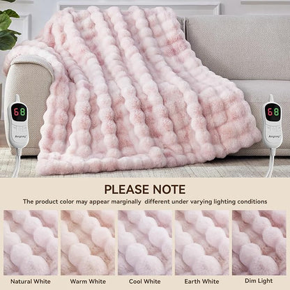 Heated Blanket Throw with 1/2/4/6/8 Hours Auto-Off 10 Heat Level, 90'' * 100'' Cozy Faux Rabbit Fur Bubble Electric Blanket with Overheat Protection(Tie-Dye Pink)