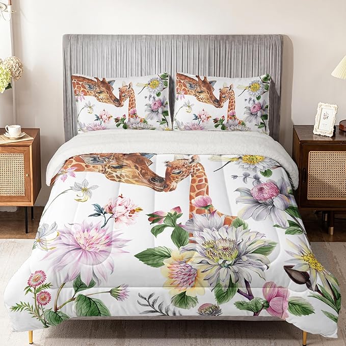 QOOMO Cartoon Giraffe Sherpa Plush Comforter Set, Twin Size 3 Pieces Animals Bedding Sets, Ultra Soft Cozy Fleece Bedding Set,Cute Bed Sets for All Seasons with 1 Comforter 2 Pillowcases