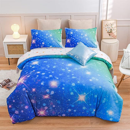 A Nice Night 6Pcs Gradient Glitter Bedding Set for Girls, Colorful Rainbow Galaxy Comforter Set, Ultra Soft Bedding Sets (Blue-Green,Full 6Pcs)
