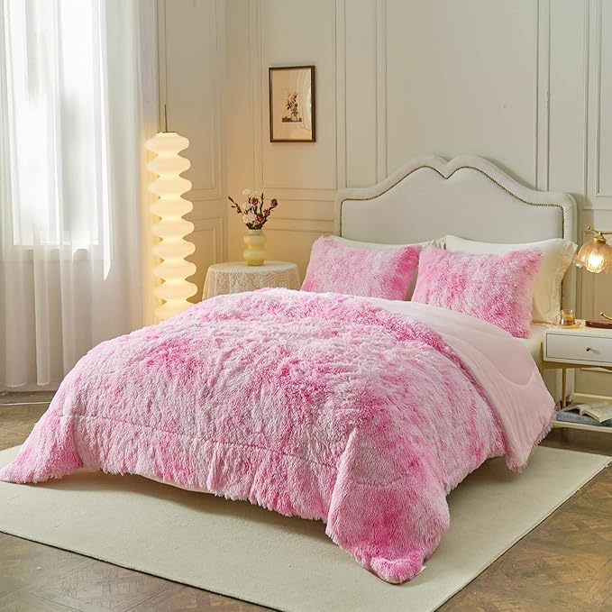 Wajade Faux Fur Plush Pink Comforter Set Fluffy Fuzzy Shaggy Bedding Set - 3PC King Size Microfiber Soft Warm Quilt Set