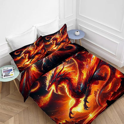 Dragon Bedding Set 3 Pieces Queen Size Flame Dragon Duvet Cover Comforter Cover Sets for Boys Girls Teens Women